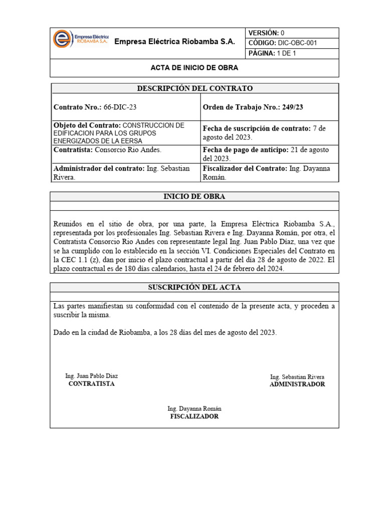 Acta de Inicio de Obra EERSA 2023 | PDF | Derecho