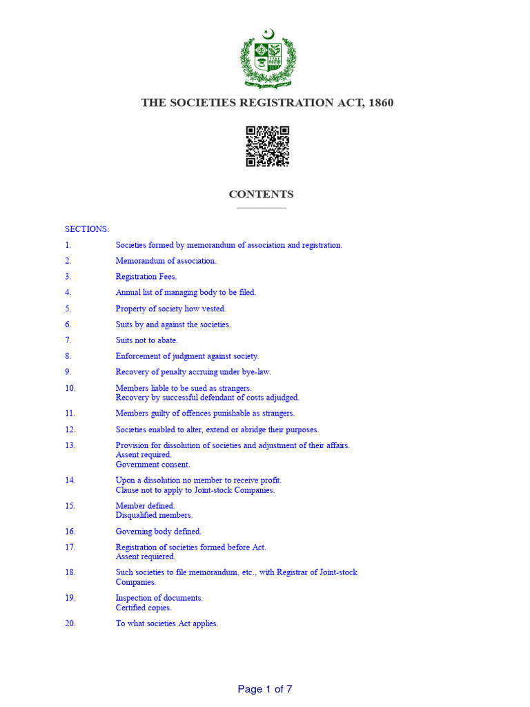 Societies Registration Act 1860 Overview | PDF