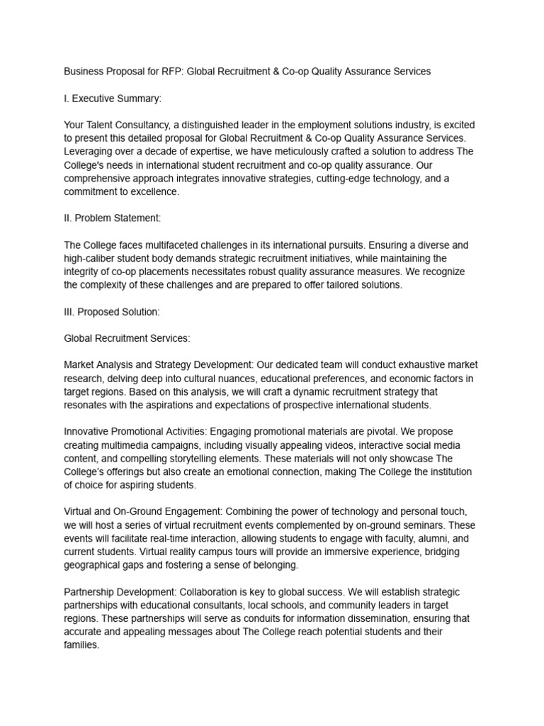 Business Proposal For RFP Global Recruitment & CoOp Quality Assurance Services PDF