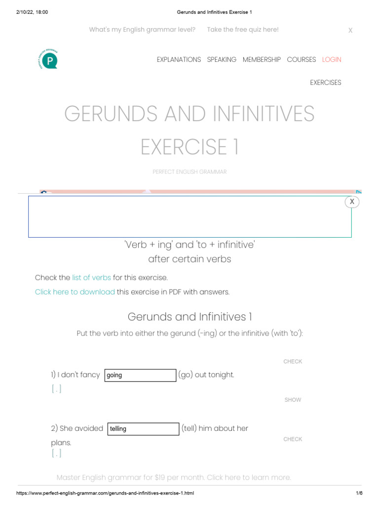Gerunds and infinitives exercise 1 pdf