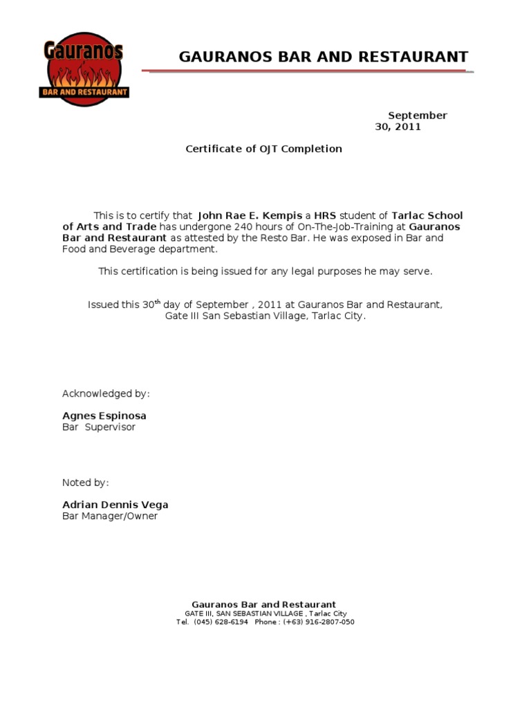 certificate of completion ojt template