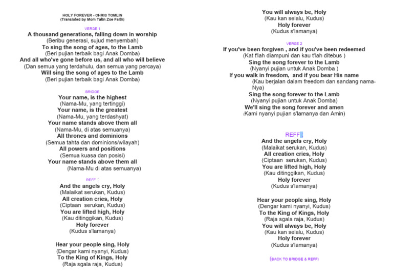 Arti dan Lirik Lagu Holy Forever | PDF