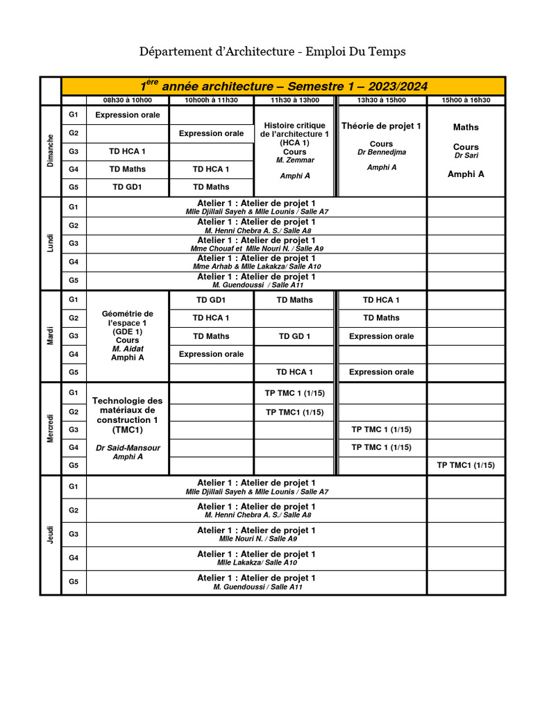 Emploi Du Temps 1ere Annee Arch | PDF