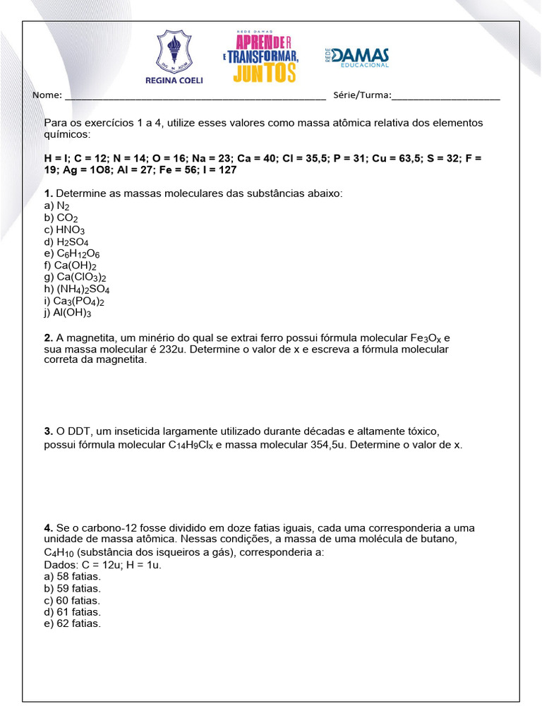 Exercícios de Cálculo de Massa Molar | PDF