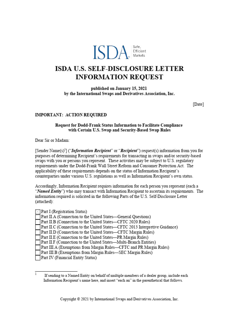ISDA U.S. Self Disclosure Letter 011521 | PDF | Commodity Futures Trading  Commission | U.S. Securities And Exchange Commission