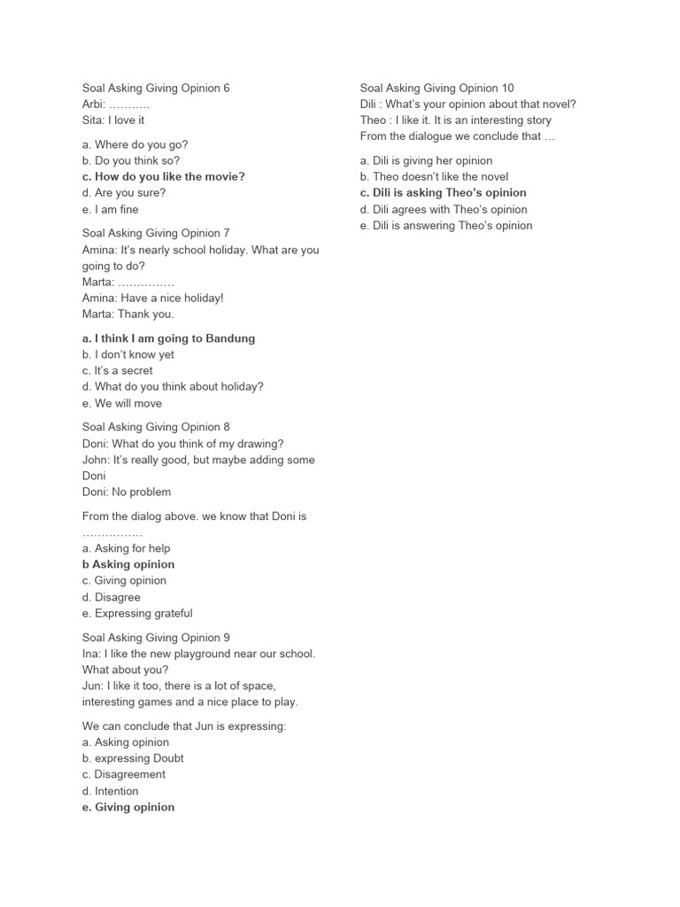 Exercises on Asking and Giving Opinion | PDF