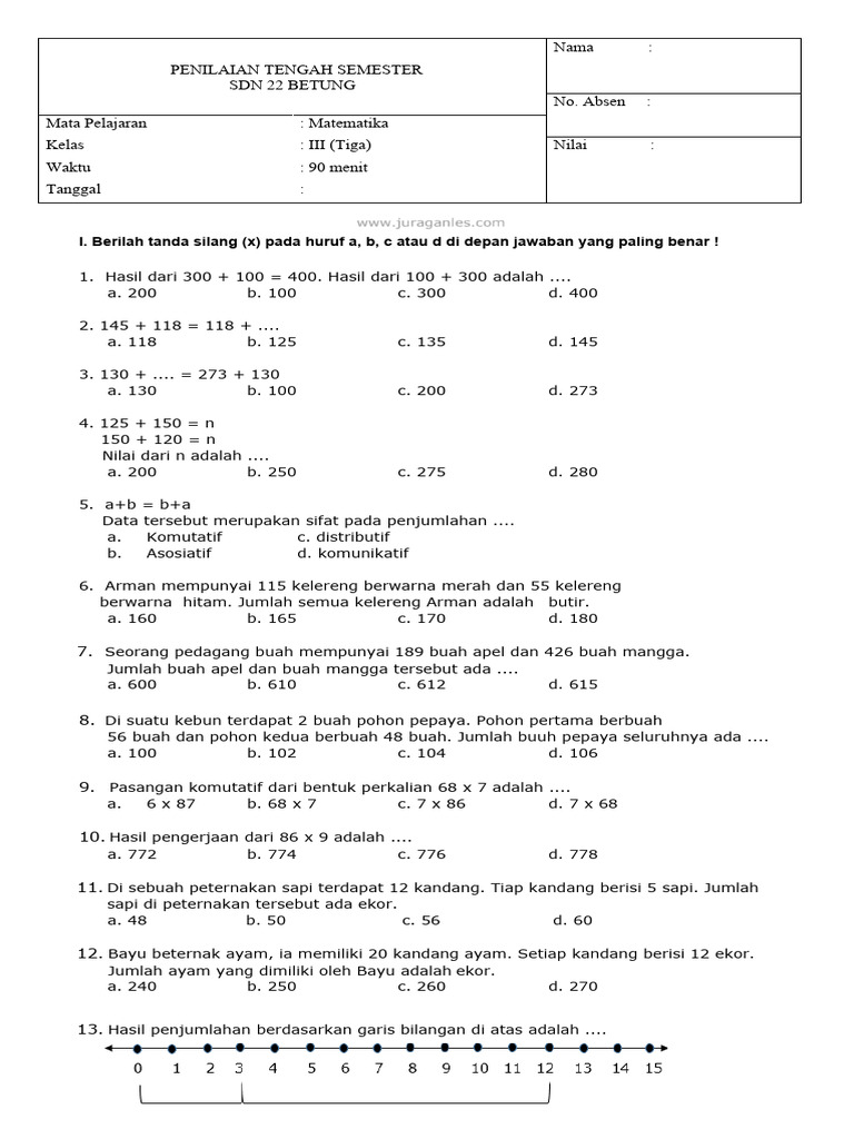 Soal UTS Kelas 3 Semester 1 Matematika Word | PDF