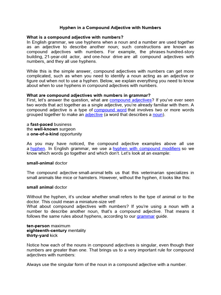 Hyphen in A Compound Adjective With Numbers PDF Adjective Noun