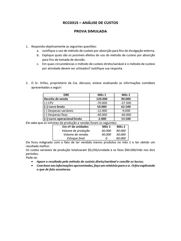 Análise de Custos - Prova Simulada - Jun 2017 | PDF | Despesa