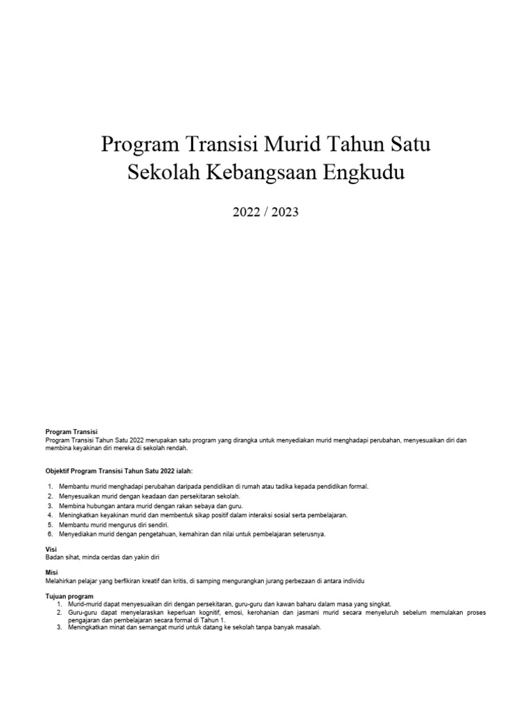 Kertas Kerja Transisi Tahun 1 2.0 (Inculkate - My) | PDF