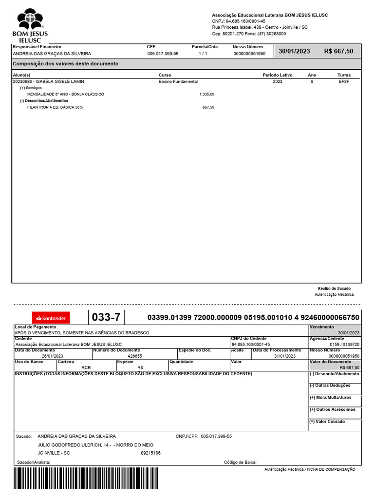 Mensalidade Colégio Bom Jesus 2023 | PDF | Bancos | Serviços financeiros