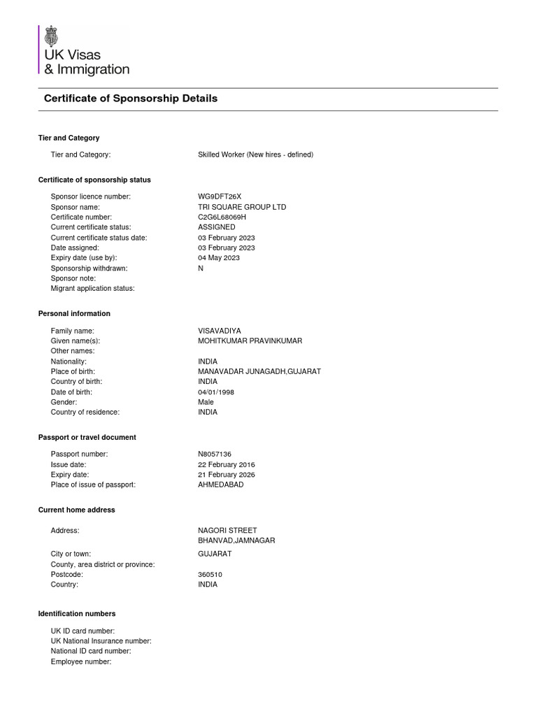 Skilled Worker Sponsorship Certificate Details | PDF | Identity ...