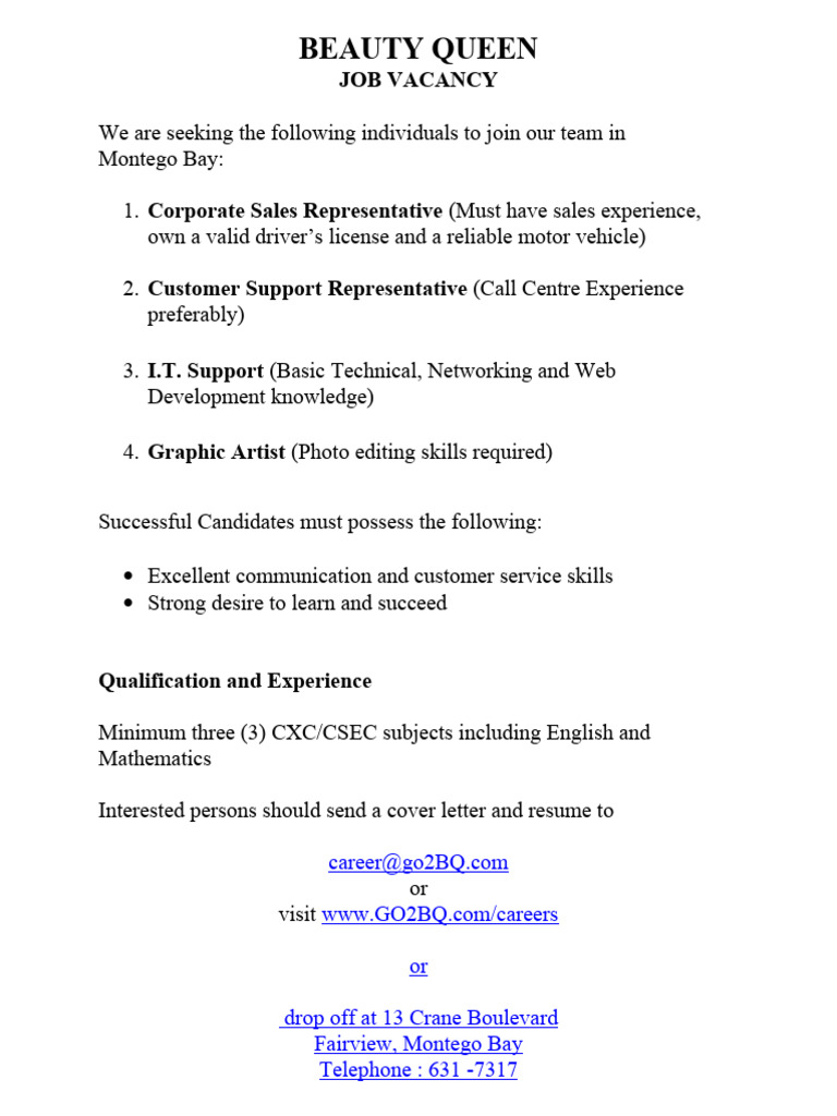 Beauty Queen Job Vacancy Ad PDF