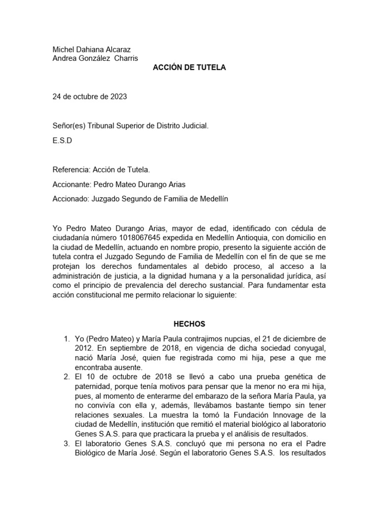 Acción de Tutela por Impugnación de Paternidad | PDF | Debido al ...