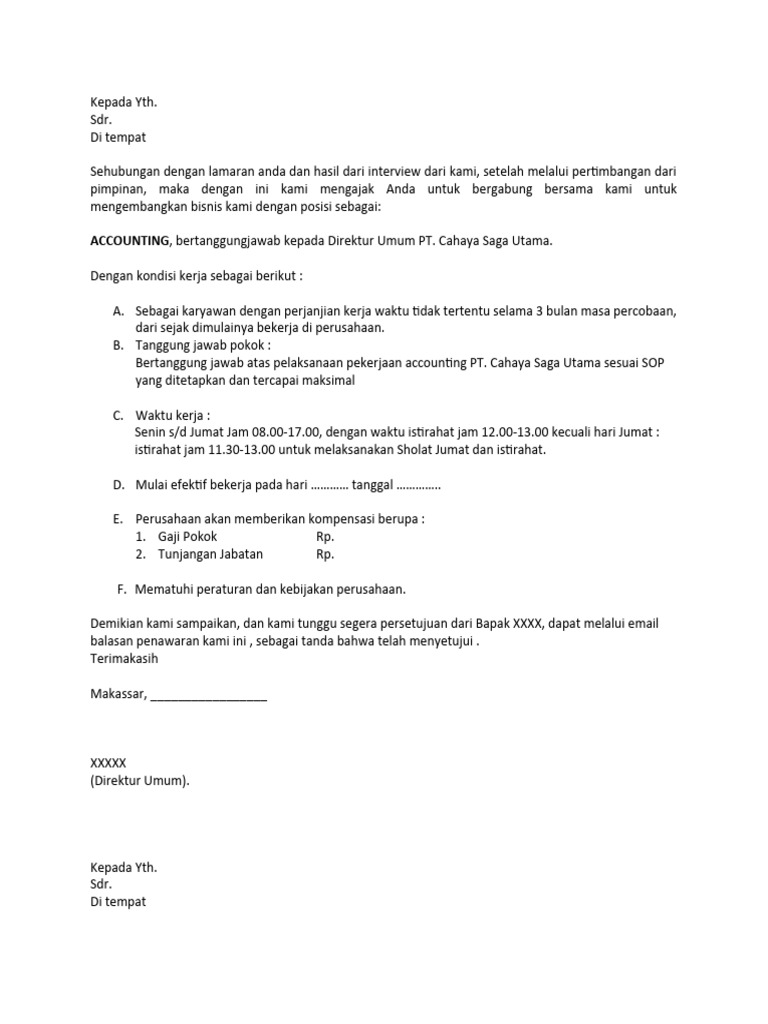 Contoh Offering Letter Karyawan Baru | PDF