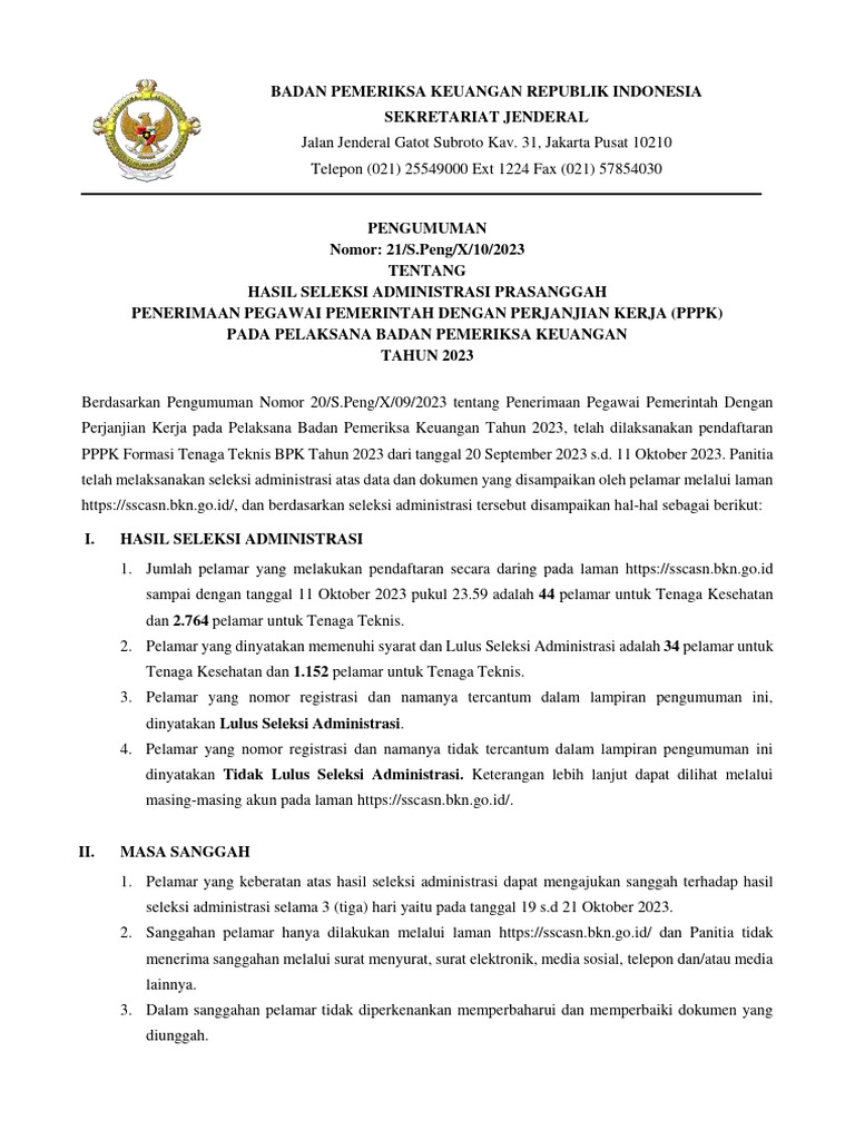 21 S Peng Pengumuman Hasil Seleksi Administrasi Prasanggah Penerimaan