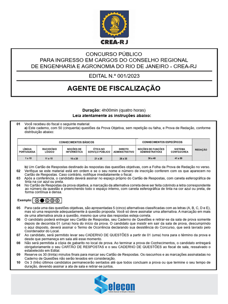 Selecon 2023 Crea RJ Agente de Fiscalizacao Prova | PDF