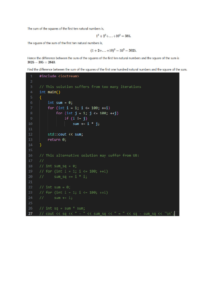 CPP Code For Prob 6 Sum Square Difference | PDF