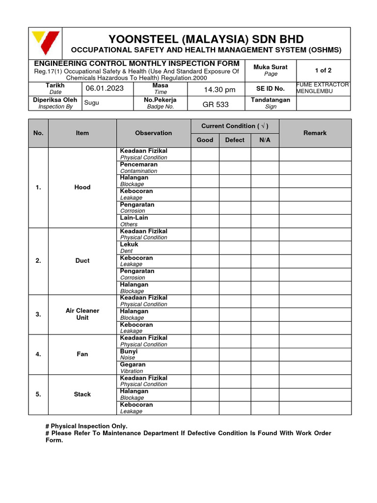 Fume Hood Monthly Inspection Checklist | PDF