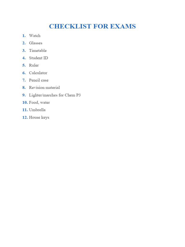 Essential Exam Preparation Checklist | PDF | Home & Garden | Wellness