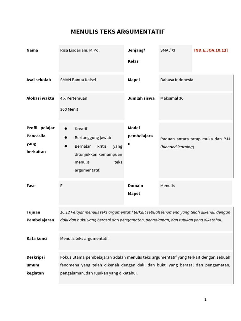 Modul Ajar Bahasa Indonesia Menulis Teks Argumentatif Fase F Pdf
