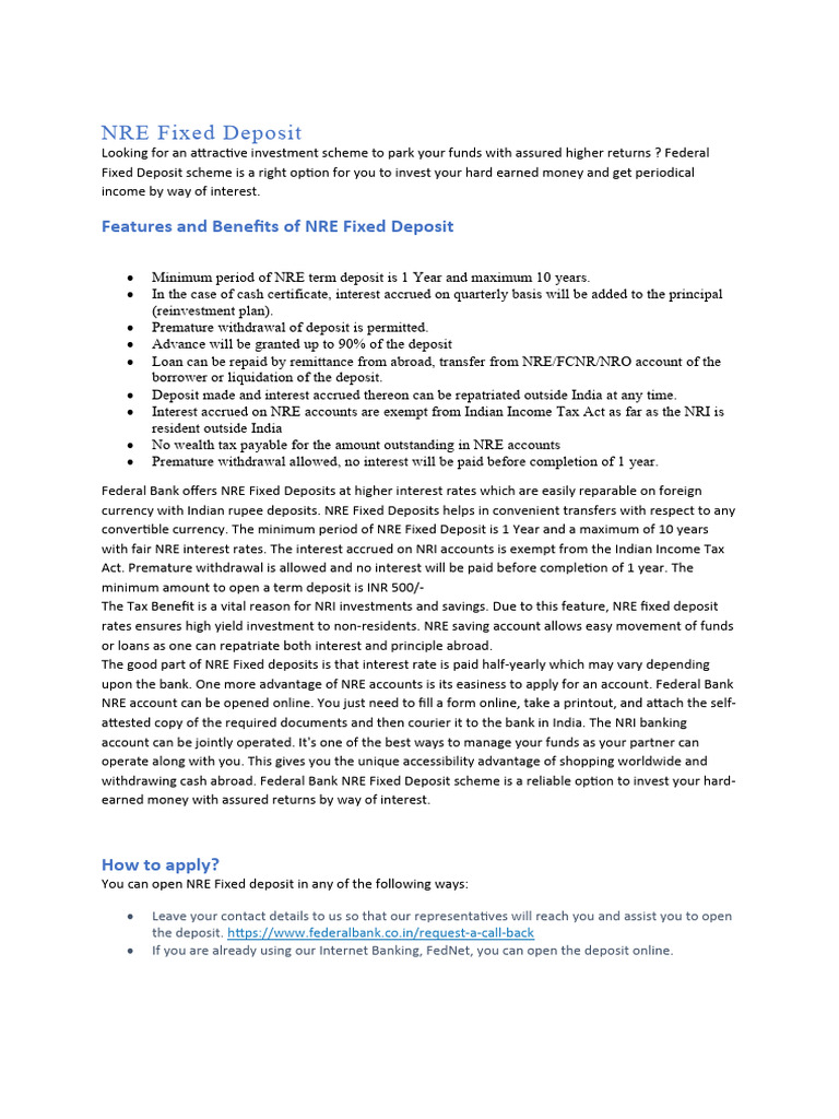 NRE Fixed Deposit PDF