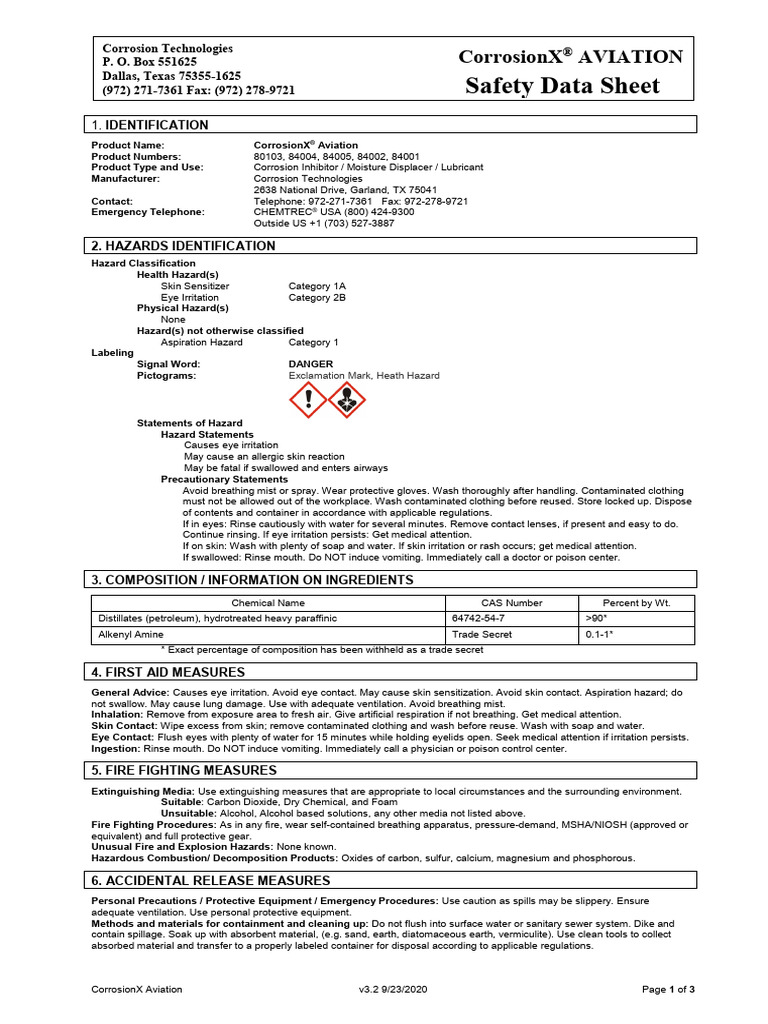 CorrosionX Aviation SDS PDF