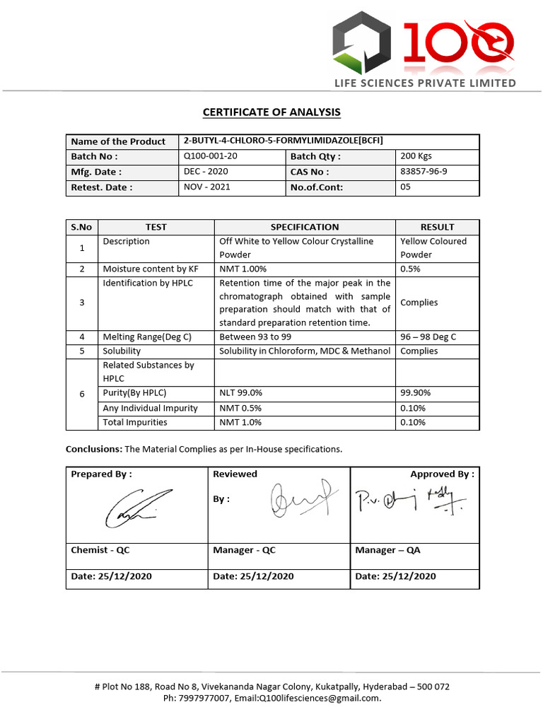 Certificate of Analysis Q100 BCFI Samples | PDF | Technology & Engineering