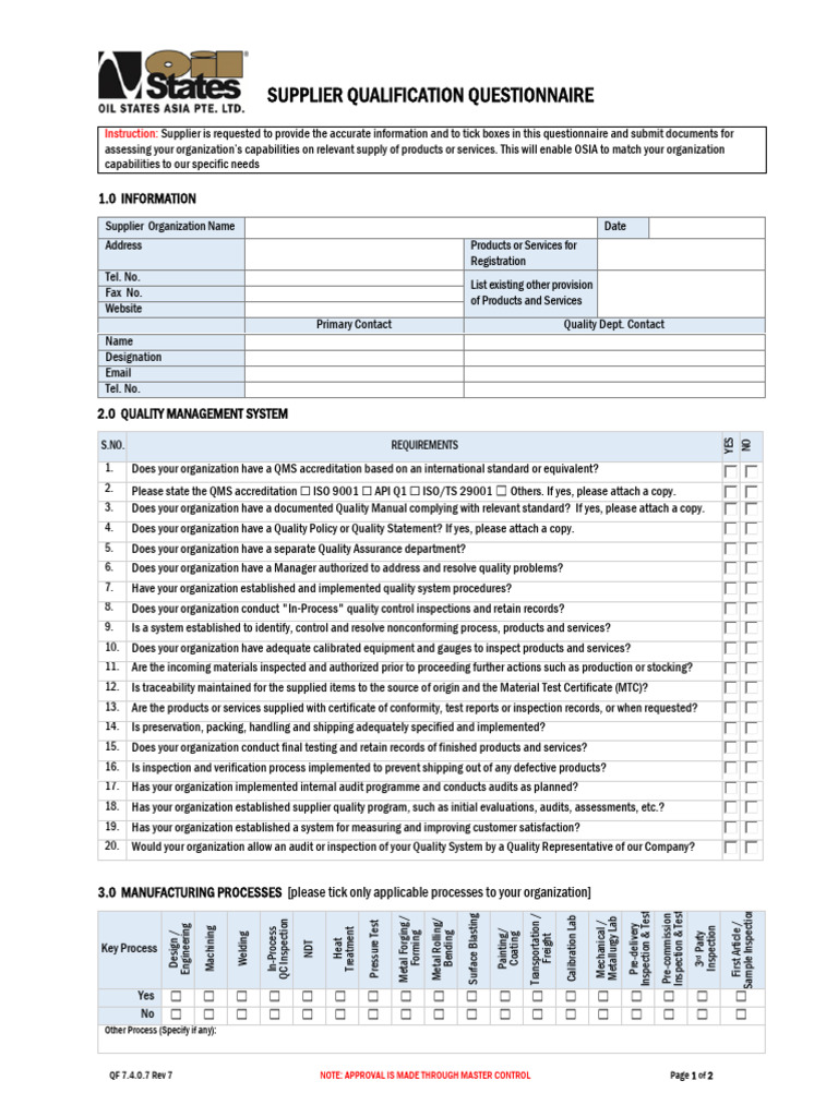 QF 7.4.0.7 Supplier Qualification Questionnaire Rev 7 PDF