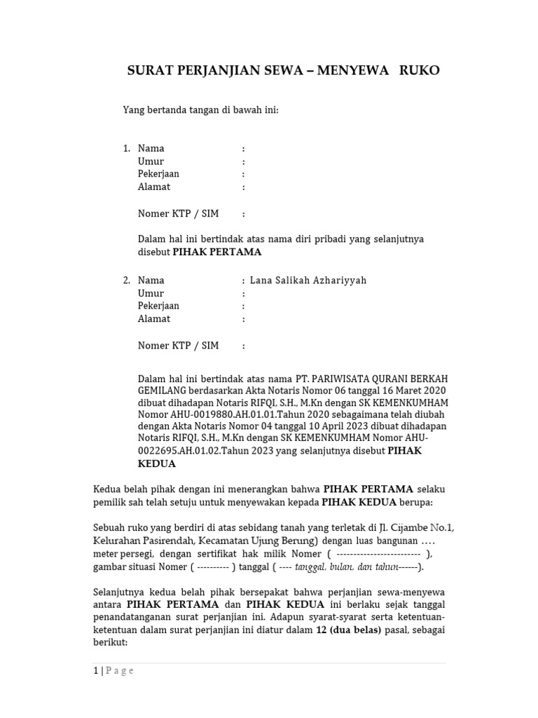 Surat Perjanjian Sewa Ruko 5 Tahun | PDF