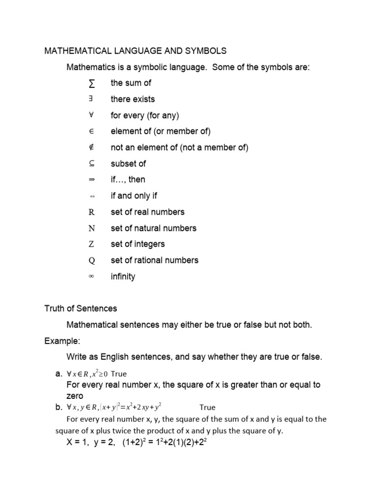 Mathematical Language and Symbols | PDF
