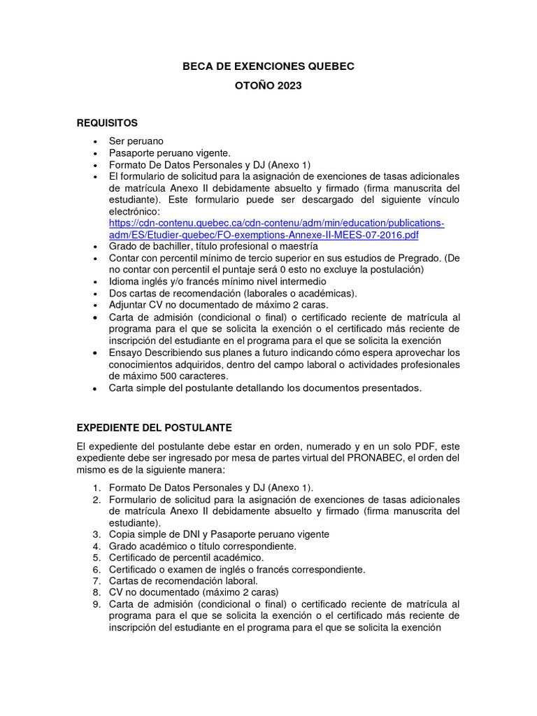 Beca Exenciones Quebec Otoño 2023 | PDF