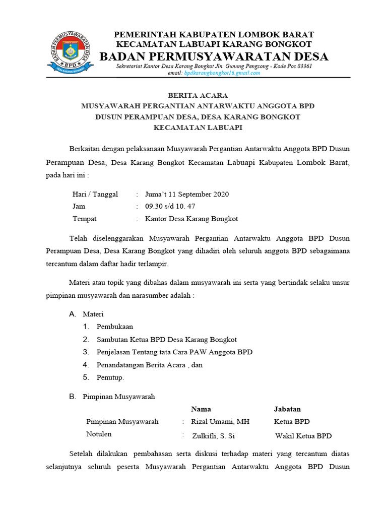 Berita Acara Pergantian Anggota BPD | PDF