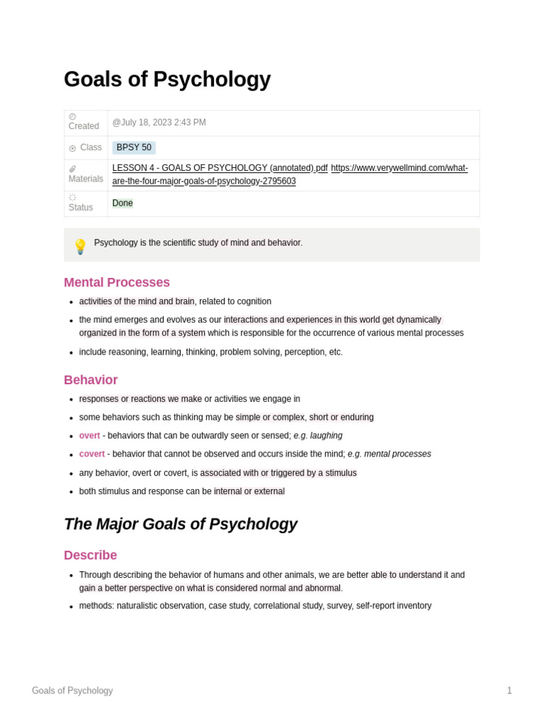 Major Goals of Psychology Explained | PDF | Psychology | Mind