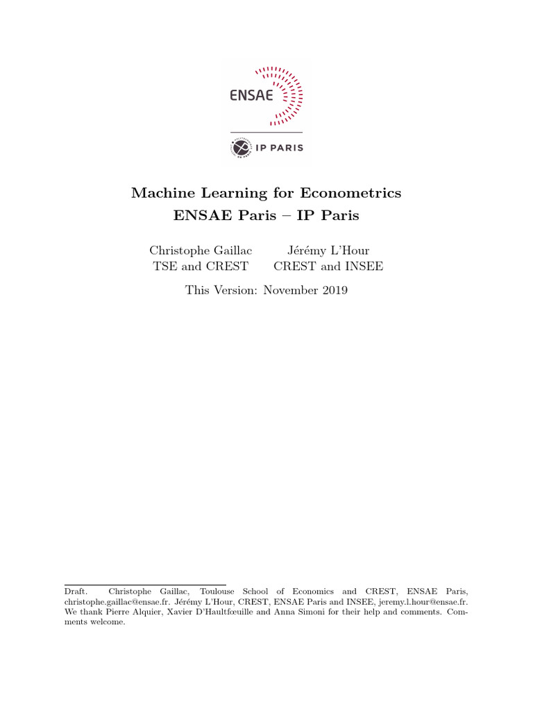 2019 Machine Learning For Econometrics ENSAE Paris IP Paris | PDF