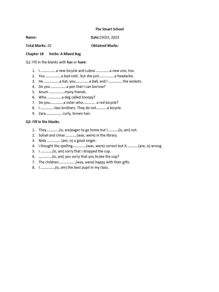 Class 2 English Test Chapter 18 PDF