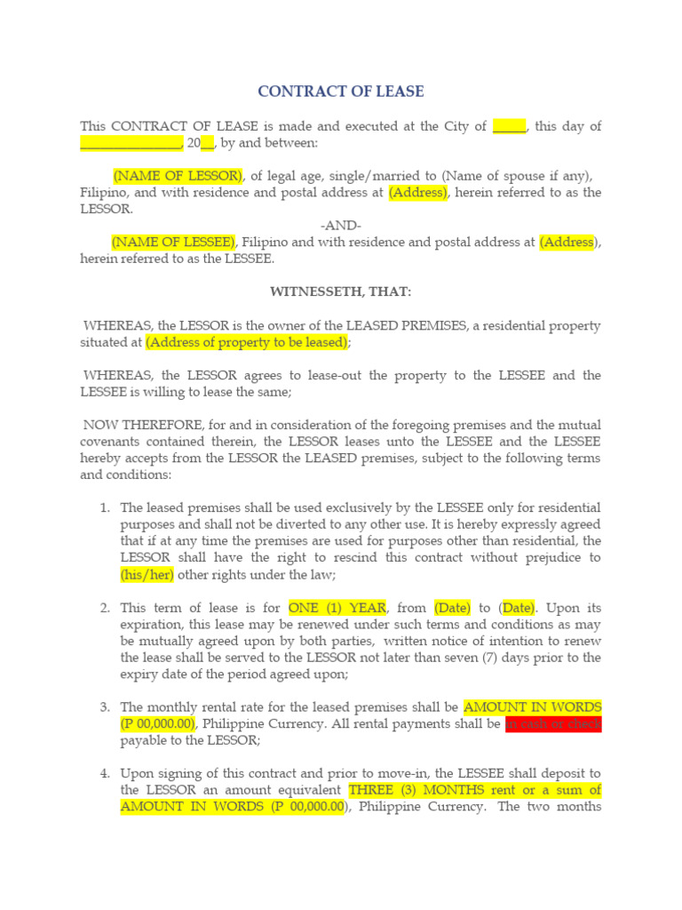 CONTRACT OF LEASE Edited PDF Lease Property Law