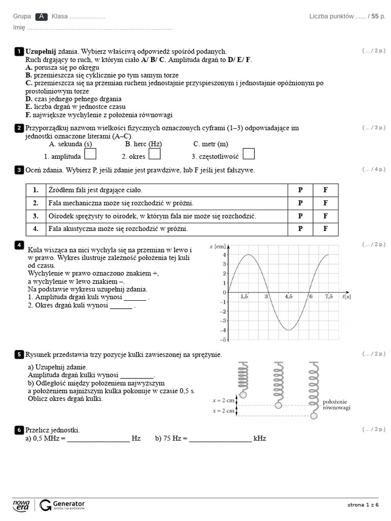 Drgania I Fale Sprawdzian Klasa 8 Grupa B Test KN. Drgania I Fale Test - Ekowydruk | PDF