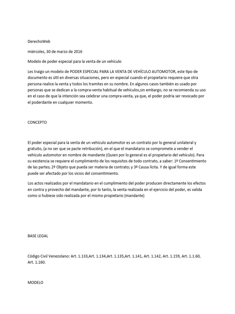 Poder Especial para Venta de Vehículo | PDF | Propiedad | Justicia