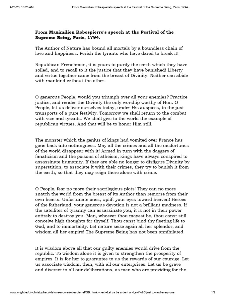 Robespierre Speech at The Festival of Reason 1794 PDF Maximilien Robespierre
