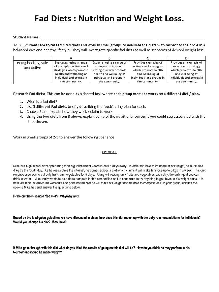 Fad Diet Research Task PDF Dieting Diet (Nutrition)