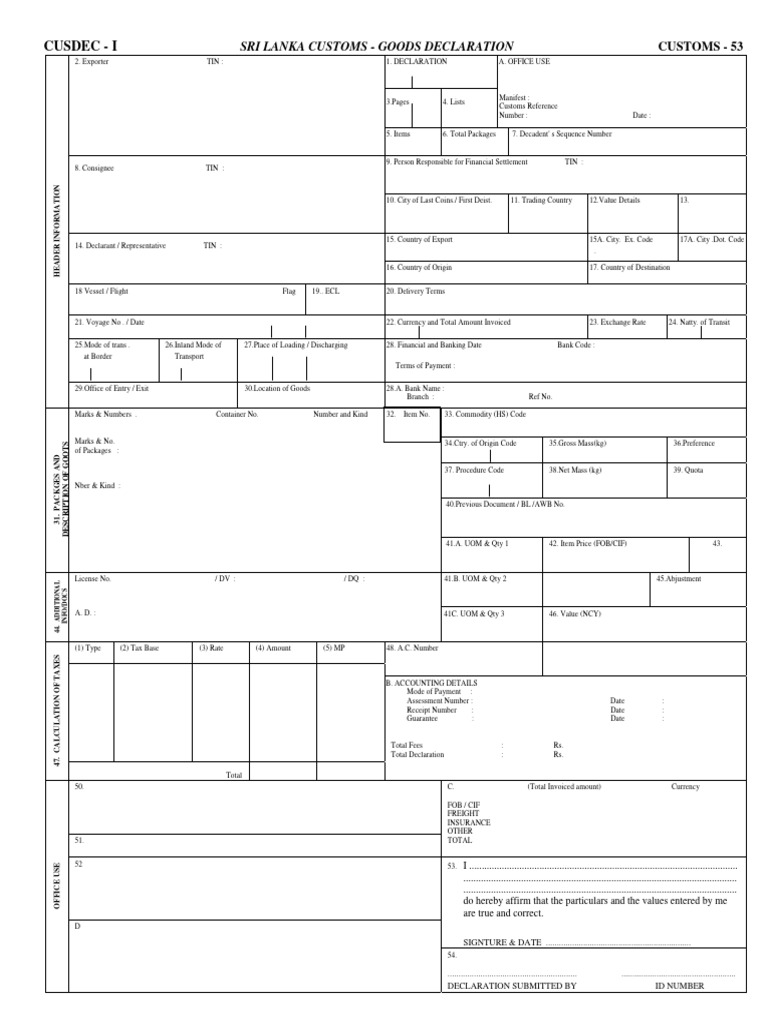 Sri Lanka Customs Goods Declaration Form | PDF | Customs | Money