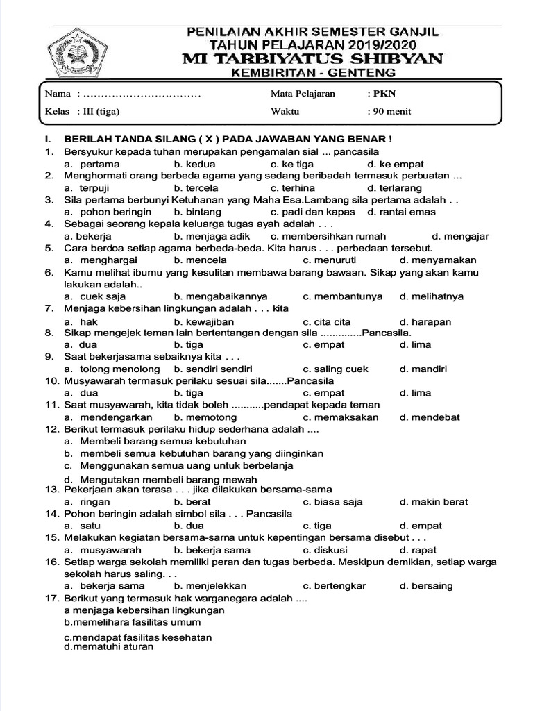 50 Soal PKN Kelas 3 Semester 1 2025 dan Jawabannya