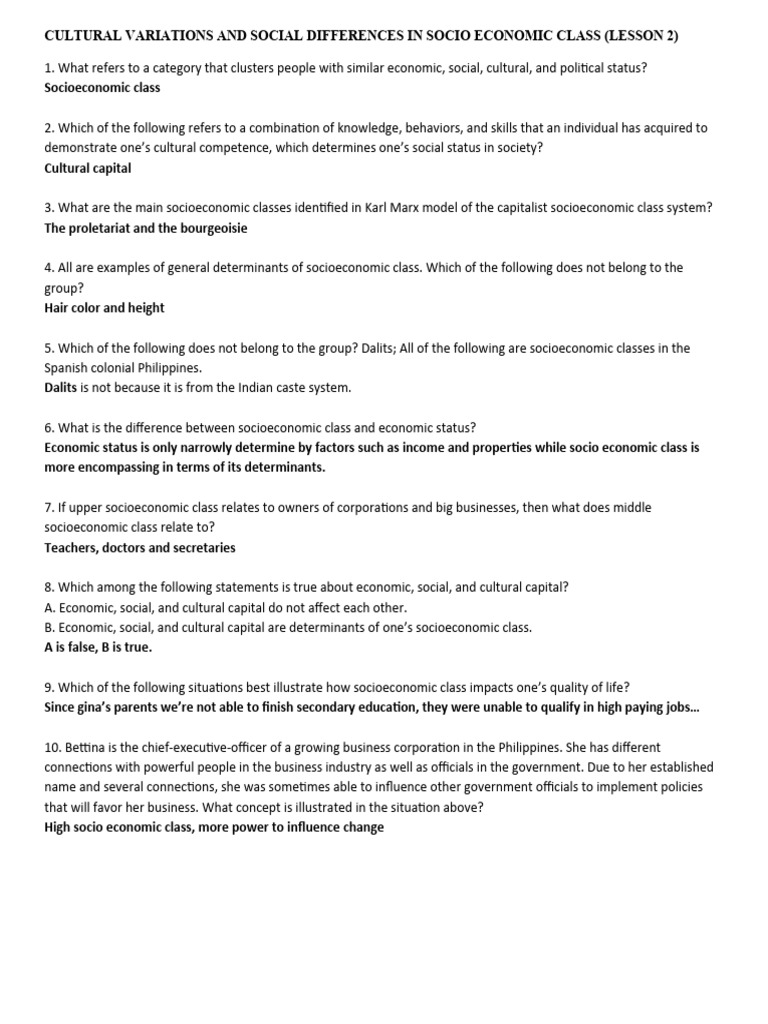 Cultural Variations and Social Differences in Socio Economic Class PDF