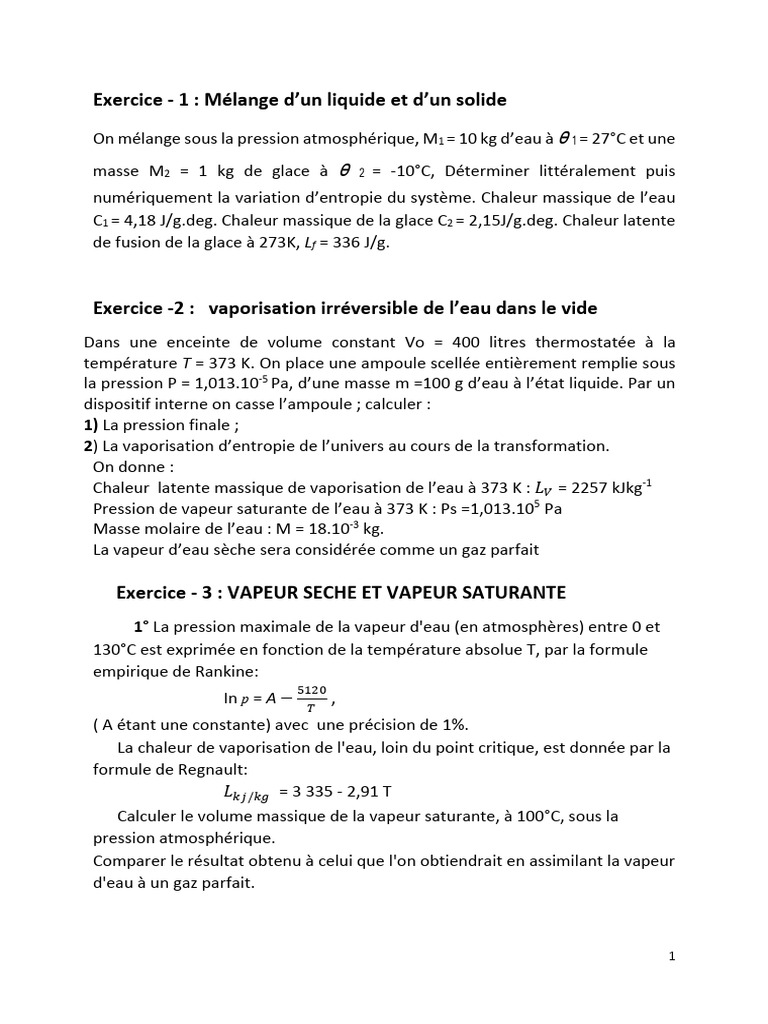 Formules de Regnault et Entropie | PDF | Enthalpie de changement d'état ...