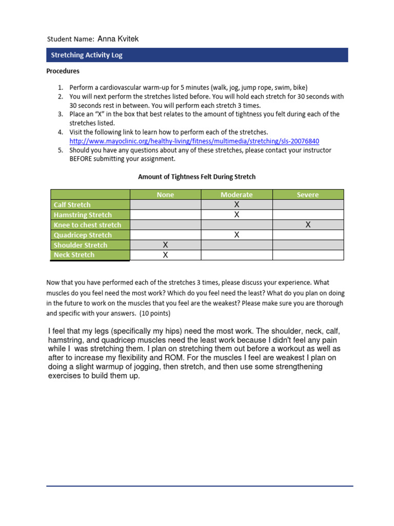 Stretching Activity Log and Reflection | PDF