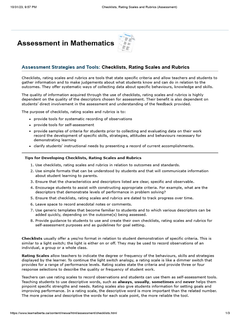 Assessment Tools: Checklists, Scales, Rubrics | PDF | Rubric (Academic ...