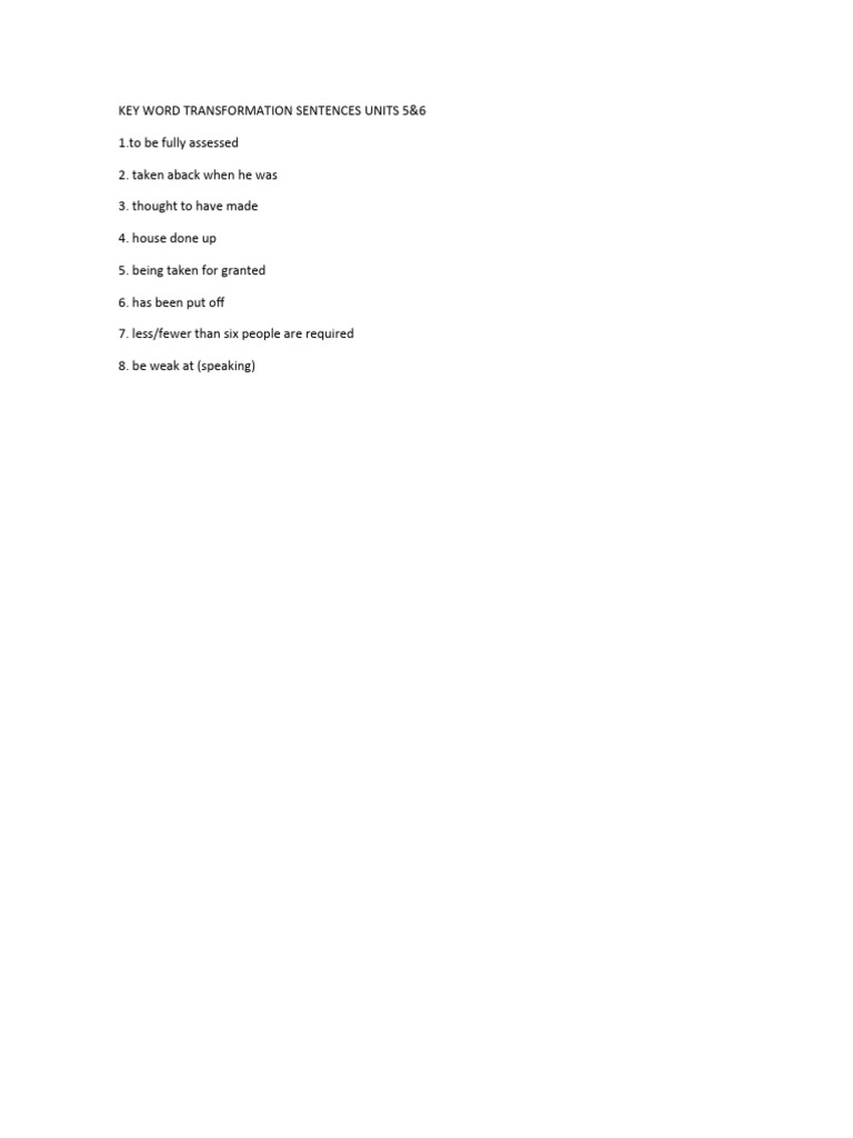 Key Word Transformation Sentences Units 5 Key | PDF | Language Arts ...
