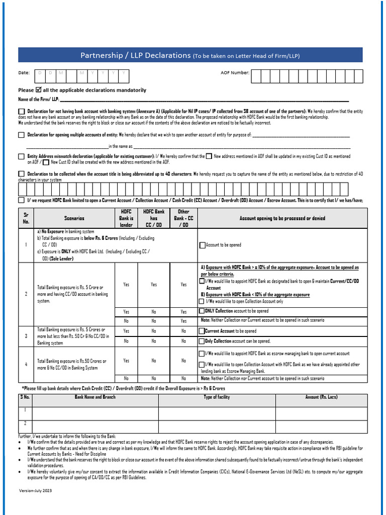 HDFC Bank Account Opening Declarations | PDF | Limited Liability ...
