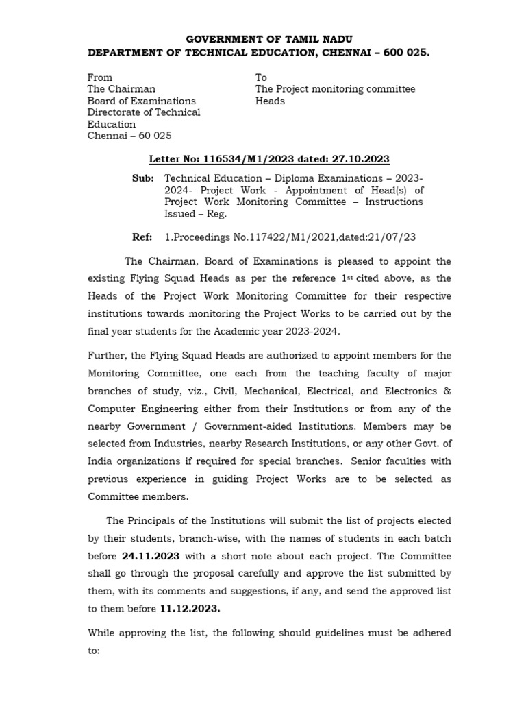 Tamil Nadu Diploma Project Monitoring Guidelines | PDF